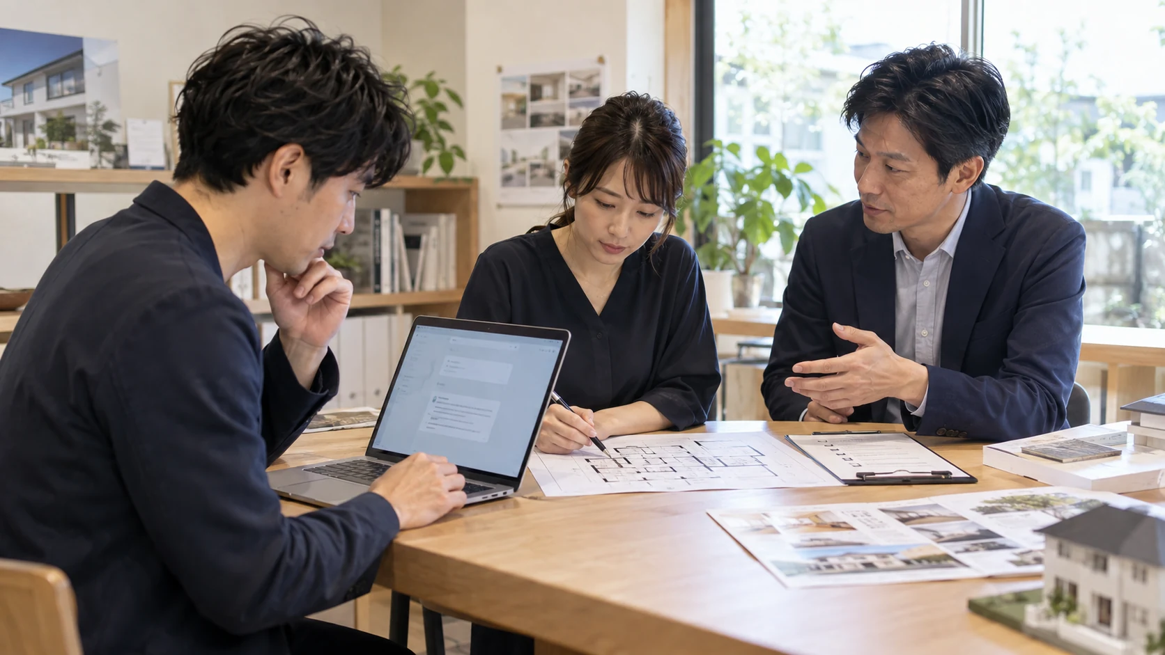 住宅会社の資料を囲み、業務の進め方を一緒に考える生成イメージ